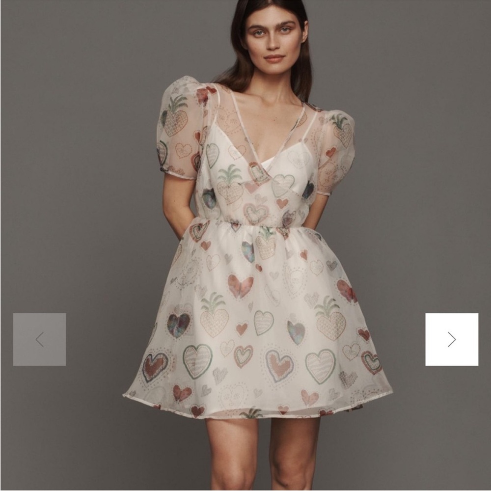 NWT Farm Rio x Anthropologie Heart Print Sheer Puff Sleeve Mini Dress XS NWT